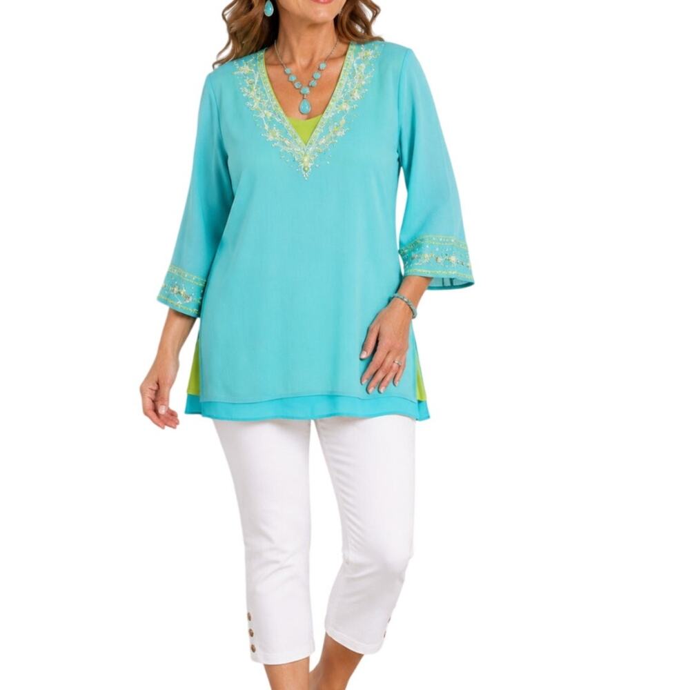 Bob Mackie Wearable Art Embellished Tunic Top Aqua Lime Beaded V Neck Size M